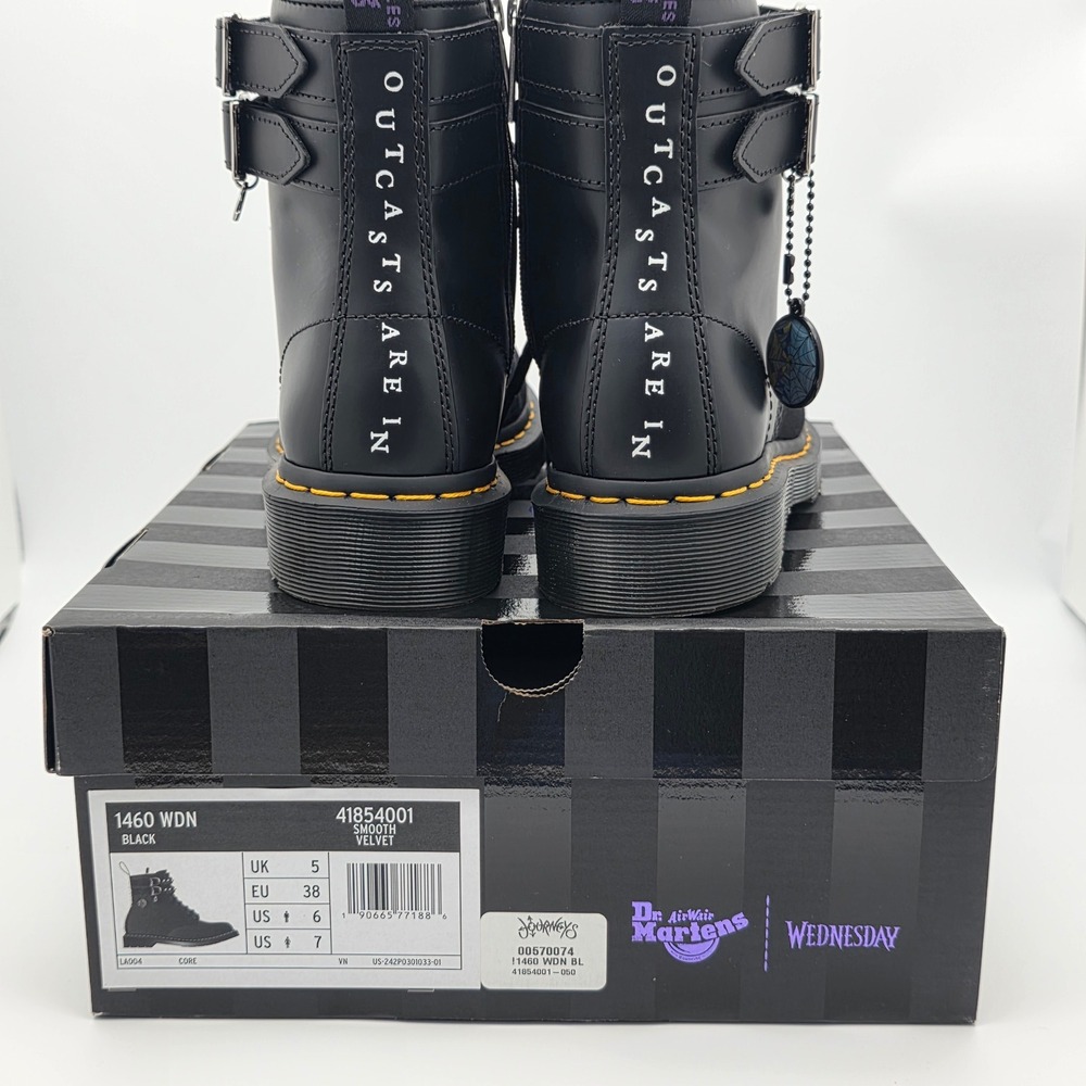 Dr. Martens 1460 Wednesday Addams Boots Womens 7 Mens 6 Black Velvet Buckle Stud - Picture 14 of 16